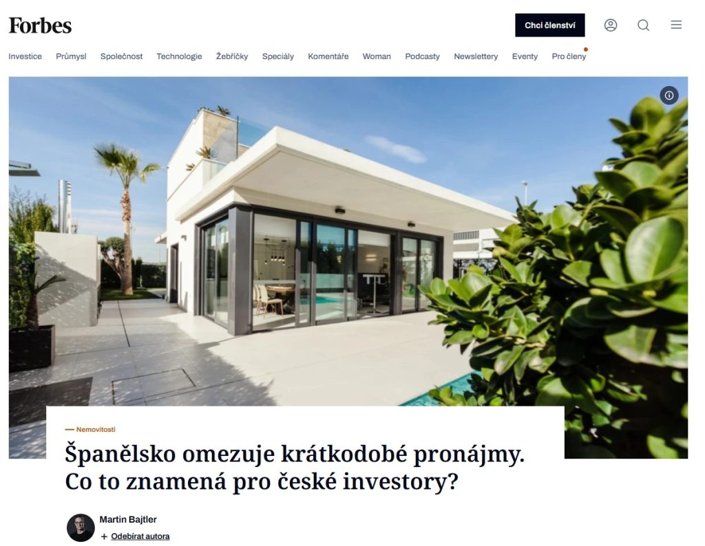 Jan Rejcha poskytl komentář pro Forbes na téma omezování krátkodobých pronájmů ve Španělsku