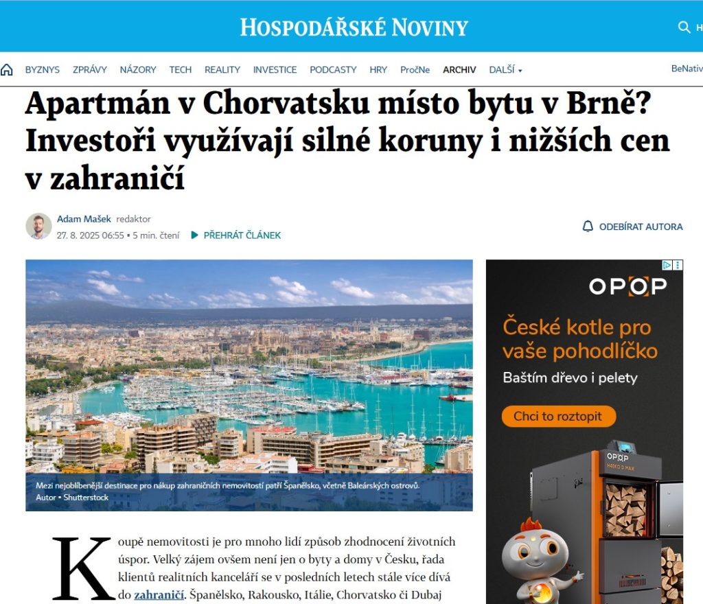 Hospodářské noviny: Apartmán v Chorvatsku místo bytu v Brně? Investoři využívají silné koruny i nižších cen v zahraničí.